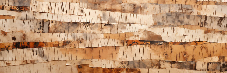 birch bark strips arranged in a lengthwise horizontal arrangement in a nature-themed background - obrazy, fototapety, plakaty