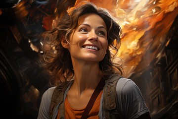 Fototapeta premium A fierce woman's fiery smile radiates warmth and strength, captured in a stunning portrait against a blazing background of passion and determination