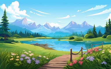 Mountain lake landscape vector illustration. Stunning panoramic cartoon