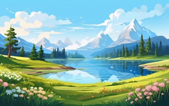 Mountain lake landscape vector illustration. Stunning panoramic cartoon