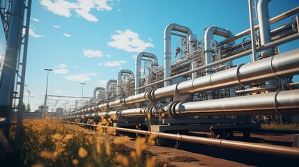 Fototapeta premium Oil Refinery Factory, Natural Gas Pipelines Industrial Zone, Natural Gas Processing, Eco-friendly Plant with Clean Pipelines in the Daytime