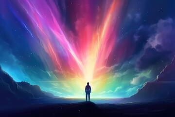 illustration painting of a man looking at a strange rainbow light rise in front., digital art style