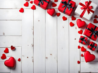 White wooden background postcard with red hearts, gift boxes Valentine's Day concept.