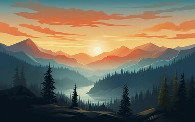 Beautiful vector landscape illustration - Warm and peaceful sunrise over mountains, ocean, very beautiful view - obrazy, fototapety, plakaty