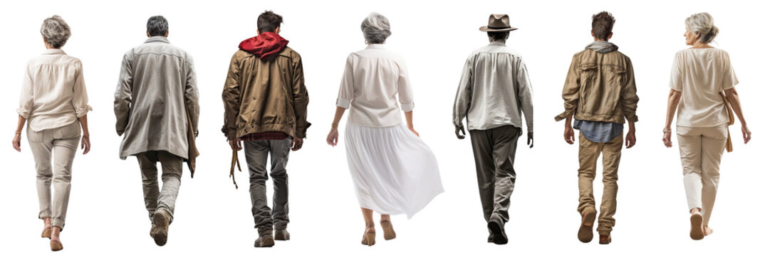 Collection of back of a mature people walking isolated on transparent or white background