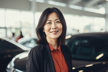 Portrait of a middle aged car saleswoman at dealership