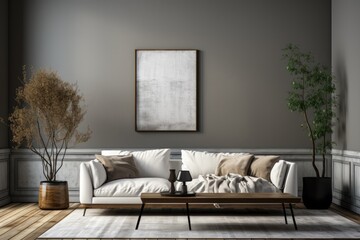 Transform your living room into a cozy oasis with a modern white couch, a stylish coffee table, and a touch of nature on the wall