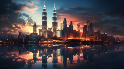 Naklejka premium 3d illustration of Kuala lumpur city skyline at dusk, Kuala lumpur Malaysia