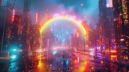 Neon Rainbow Bridge in Rainy Futuristic Cityscape