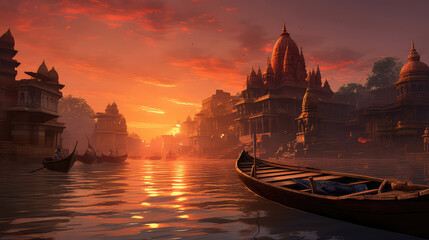 3d illustration of Ancient Varanasi city architecture at sunset with view of sadhu baba enjoying a boat ride on river Ganges. India.