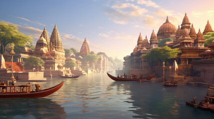 3d illustration of Ancient Varanasi city architecture in the morning with view of sadhu baba enjoying a boat ride on river Ganges. India.