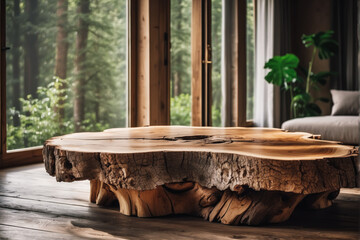 Wooden log stump live edge coffee table against french windows. Rustic interior design of modern living room in farmhouse in forest