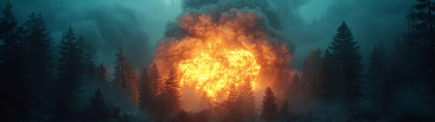A bright fiery explosion. Fire in the depths of the forest. Concept: environmental disaster, wildfires, natural disasters

