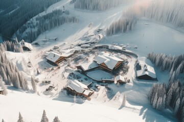 Aerial view of a ski center on snowy mountain