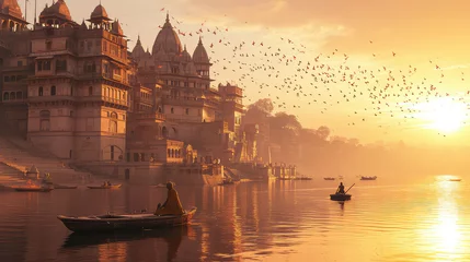Tuinposter 3d illustration of Ancient Varanasi city architecture at sunset with view of sadhu baba enjoying a boat ride on river Ganges. India. © ImagineDesign