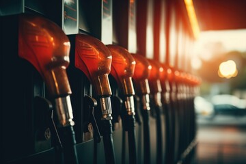 Close up fuel pumps at a gas station - obrazy, fototapety, plakaty