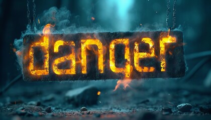 the word "danger" consisting of fiery letters that burn and sparkle on a dark background. Hot fire flame. Concept: danger to life and risky circumstances, warning or urgency of evacuation