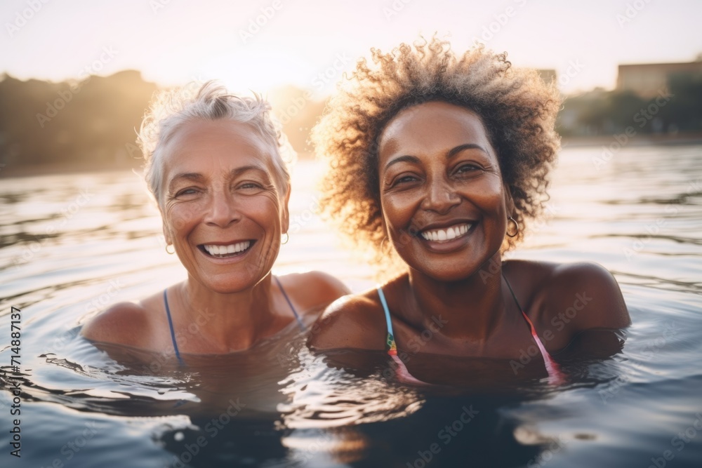 Wall mural Portrait of diverse senior women swimming in a lake