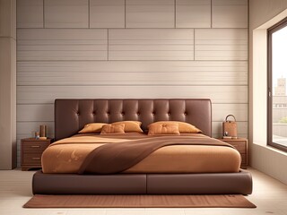 An ugly brown leather bed leaning against a concrete wall. Modern bedroom with loft interior design.