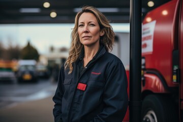 Portrait of a middle aged female worker at gas station - obrazy, fototapety, plakaty