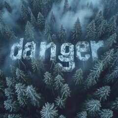The tops of trees in the forest are covered with snow, as seen from a drone. "Danger" text.
Concept: Warns of potential danger, possibly related to harsh winter conditions or isolated forest location