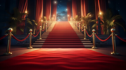 Red carpet on the stairs on dark background, the way to glory, victory and success