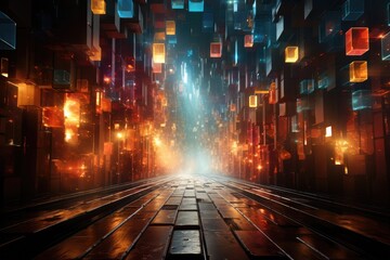 A bustling city street at night, lined with towering skyscrapers and illuminated by vibrant squares of light, leads to a tunnel filled with electricity and the promise of a new way forward - obrazy, fototapety, plakaty