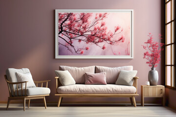 A serene interior design featuring walls in different colors, each accompanied by a blank empty frame, offering a peaceful and customizable atmosphere.