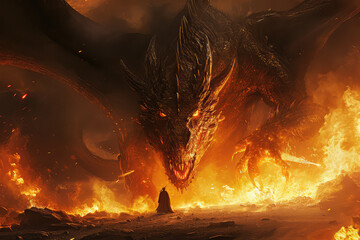 Fire breathes explode from a giant dragon in a black night, the epic battle evil - concept art - obrazy, fototapety, plakaty