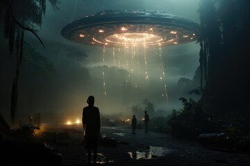 A mysterious fog envelops a group of people standing in the eerie darkness of the forest, as a massive ufo hovers above them, casting an otherworldly glow