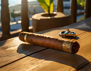 Close up of a Cuban cigar on a wooden table