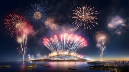 fireworks on the river,A pyrotechnic display in the night sky, commemorating the arrival of the year 2025. National fireworks display over the stunning sky on January 1st, 2025