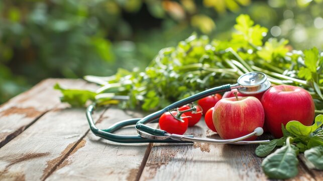 Photo of stethoscope and healthy food.