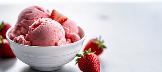 Delicious Bowl of Strawberry Ice Cream on a White Kitchen Counter with Space for Copy