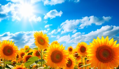 Fototapeta premium field of sunflowers on a clear sky shining day.