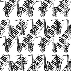 Seamless background with monochrome saxophone and piano keyboard. Vector template for design