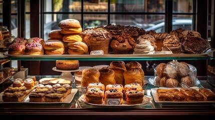 Glass showcase for catering with sweets in a bakery or cafe. Making cakes and pastries. Concept: confectionery.
