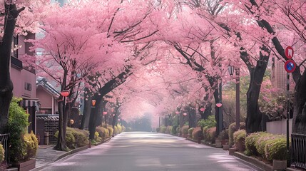 the enchanting cherry blossom-lined streets of Tokyo during Hanami season, where the delicate...