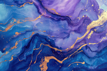 Blue and purple marble and gold abstract background texture. Indigo ocean blue marbling style swirls of marble and gold powder.