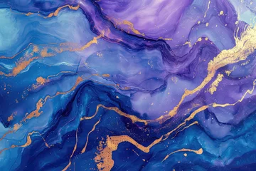 Deurstickers Blue and purple marble and gold abstract background texture. Indigo ocean blue marbling style swirls of marble and gold powder. © ImagineDesign