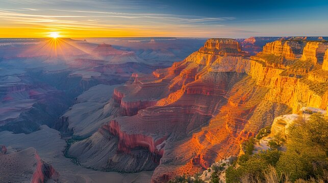 Soar above the Grand Canyon at sunrise, where the first light of Easter morning paints the canyon walls in hues of gold and red.