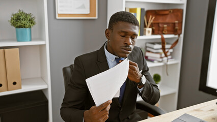 Handsome african man in business attire reviews documents at his office desk, embodying...