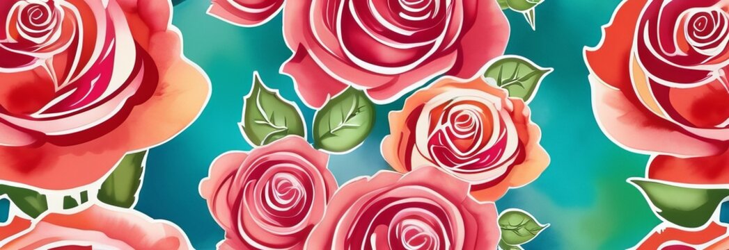 Seamless pattern with red roses. Red roses hand drawn color set. Black line rose flowers isolated on cyan background. colored elements illustration for happy Valentines day postcards