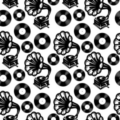 Seamless background with monochrome gramophone and vinyl records. Vector template for design