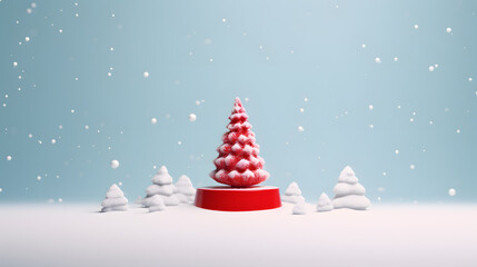 christmas tree snow blank red podium display at studio
