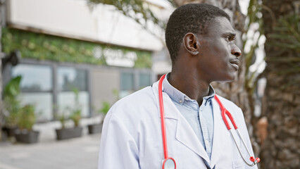 Portrait of a focused african man in a white lab coat with a red stethoscope against an urban...