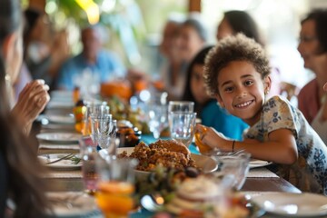 Family Gathering: Joyful Child at Dinner Table Illustration Generative AI