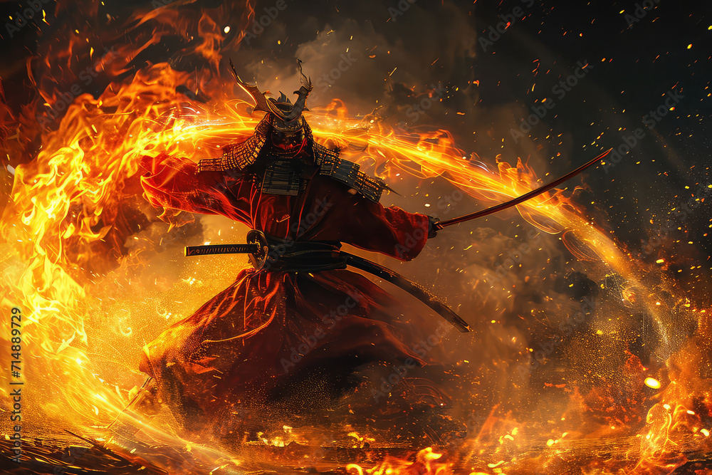 Wall mural 3d illustration of a samurai in a demonic red mask on the battlefield makes a swing with a katana cr - Wall murals