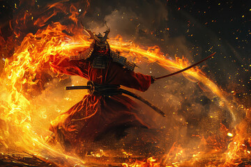 3d illustration of a samurai in a demonic red mask on the battlefield makes a swing with a katana creating a sizzling fire ring around, he is a mystical martial. illustration painting