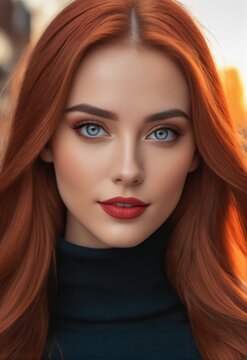 The image is of a close-up of a woman with long red hair and blue eyes. She has a serious expression and is wearing a black turtleneck. The background is blurry and there are buildings visible in the 